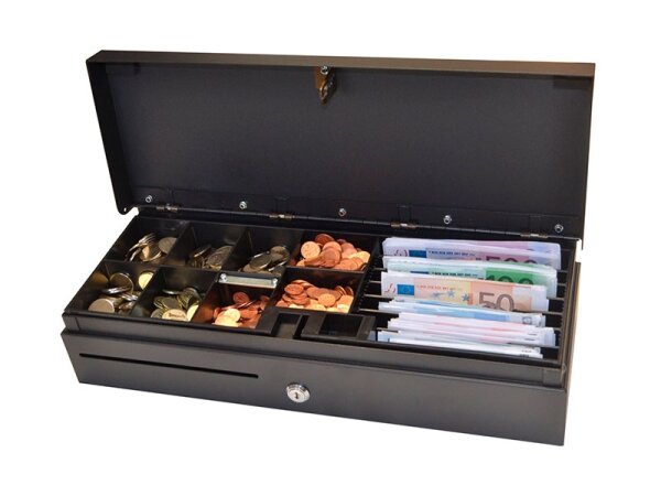 ECD460 - Kassenlade, Klappdeckel, 6 Banknotenfächer, 8 Münzschalen, 24V, RJ11-Kabel, schwarz